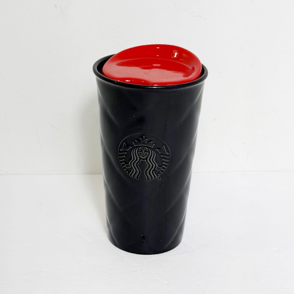 Starbucks 12oz Black Red Ceramic Quilted Siren Logo Travel Mug